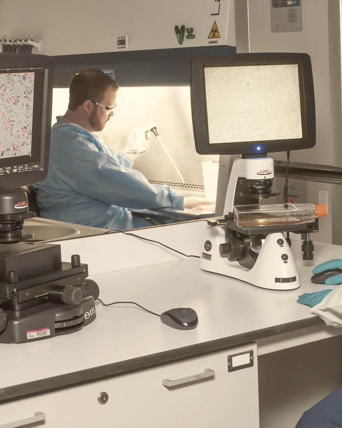 Laboratório com estações de microscopia e monitores, e um profissional trabalhando na capela ao fundo.